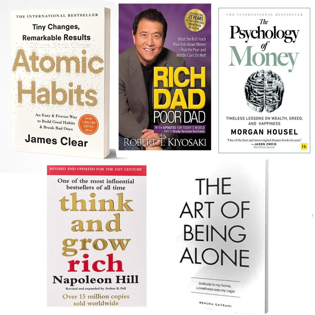 Pack Of 5, Atomic, Rich Dad, Psycology of Money, Think and Grow Rich, Art of being Alone