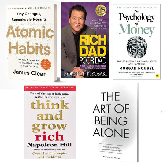 Pack Of 5, Atomic, Rich Dad, Psycology of Money, Think and Grow Rich, Art of being Alone