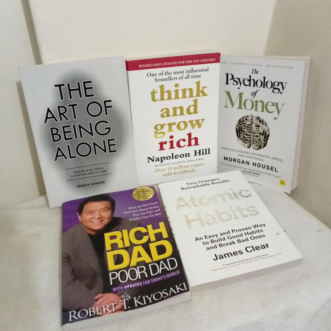 Pack Of 5, Atomic, Rich Dad, Psycology of Money, Think and Grow Rich, Art of being Alone