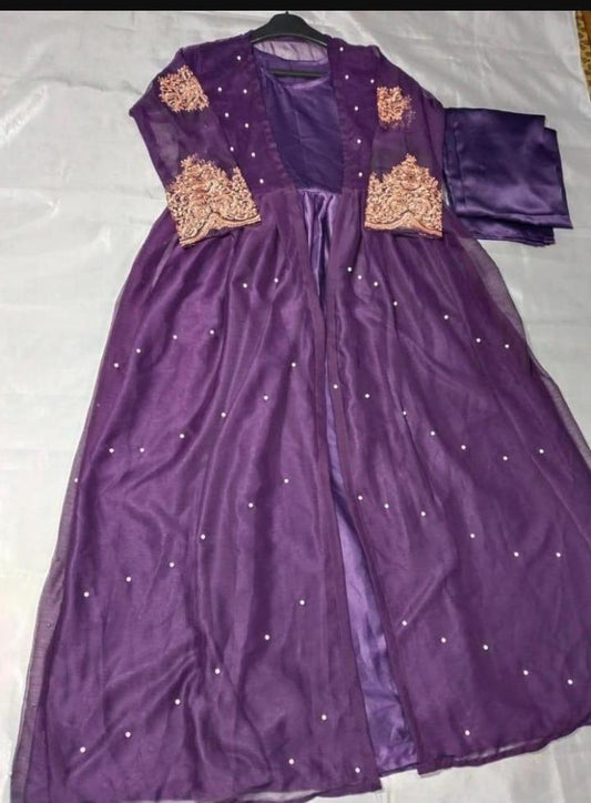 3 Pcs Women's Stitched Shamoz Silk Embroidered Gown Suit